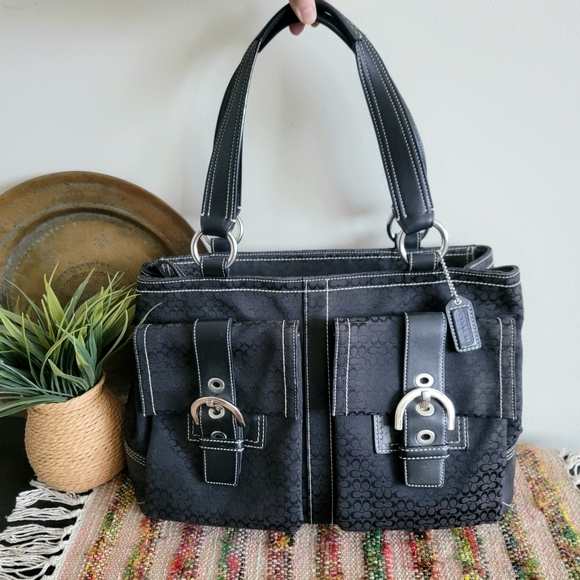 Coach Black Vintage Style Tote Bag Double Pockets